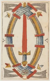 Ace of Swords from the circa 1650 Jean Noblet tarot, showing one upright sword inside an oval frame of decorative bands.