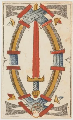 Ace of Swords from the circa 1650 Jean Noblet tarot, showing one upright sword inside an oval frame of decorative bands.