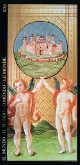 The World card from the fifteenth-century Visconti-Sforza tarot, with a gilded figure framed by a circular wreath.