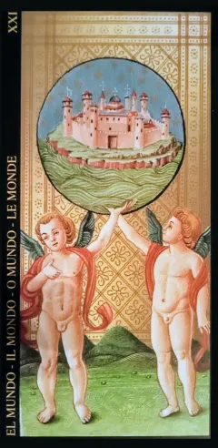 The World card from the fifteenth-century Visconti-Sforza tarot, with a gilded figure framed by a circular wreath.