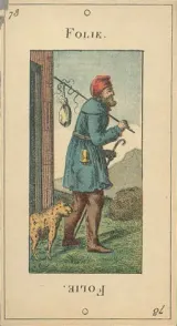 La Folie, the Fool card from a historical Grand Etteilla tarot deck.