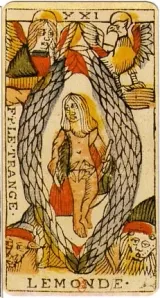 Trump XXI, the World, from Jean Dodal's early eighteenth-century Marseille-pattern tarot.