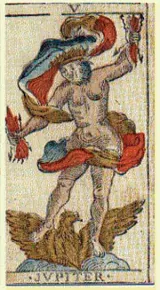 Jupiter, card II from an 1818 Tarot de Besançon printed in Strasbourg.